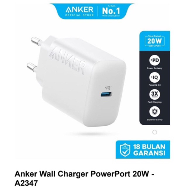 ANKER adaptor 20w PD 20w