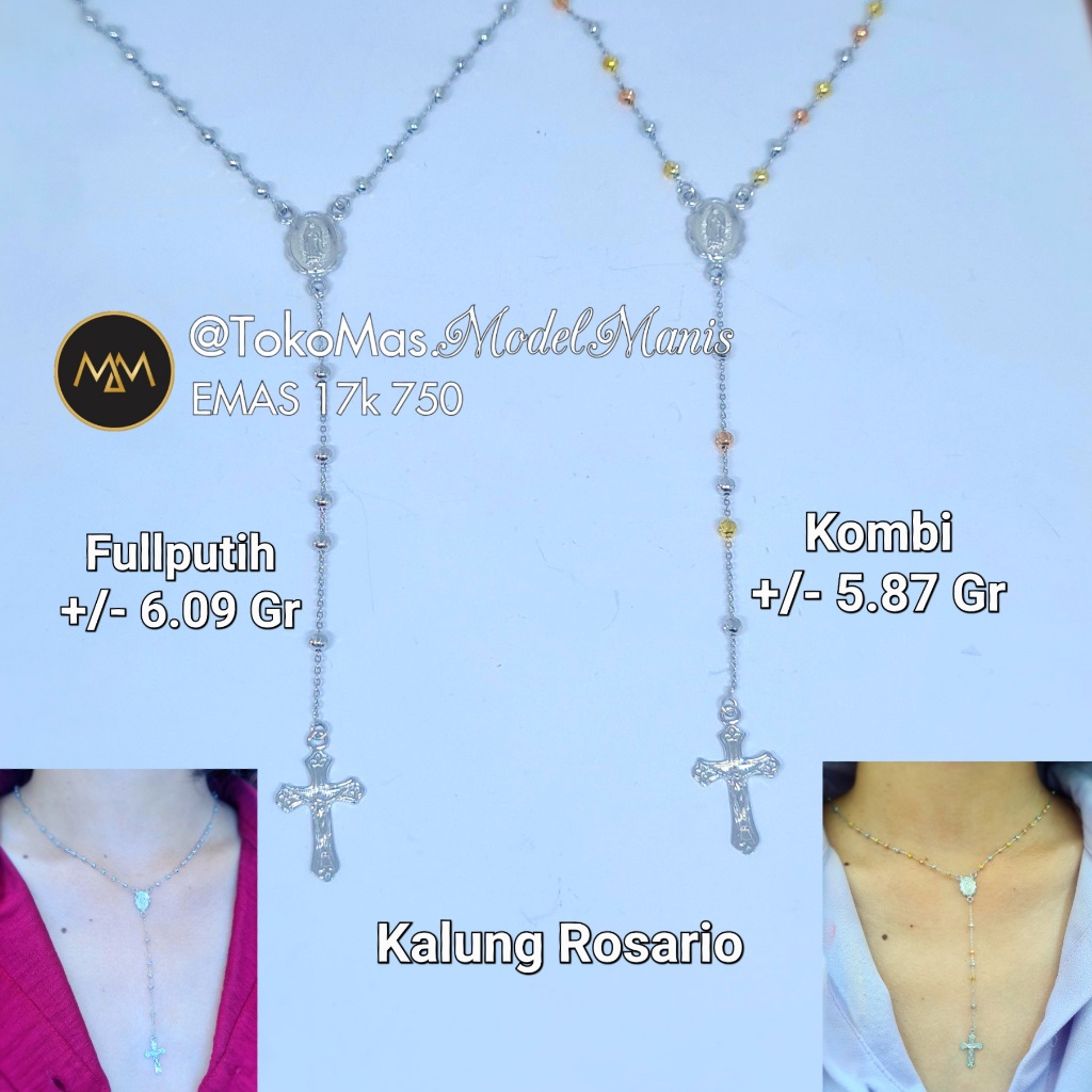 Kalung rosario rantai nori emas putih 750 kadar 17k