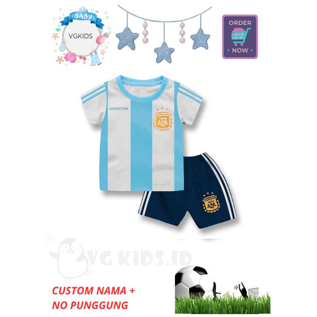 Setelan Baju Bola Jersey Anak Bayi Argentina Newborn -3 th Sablon custum Nama/  BAju Bola Baby Piala