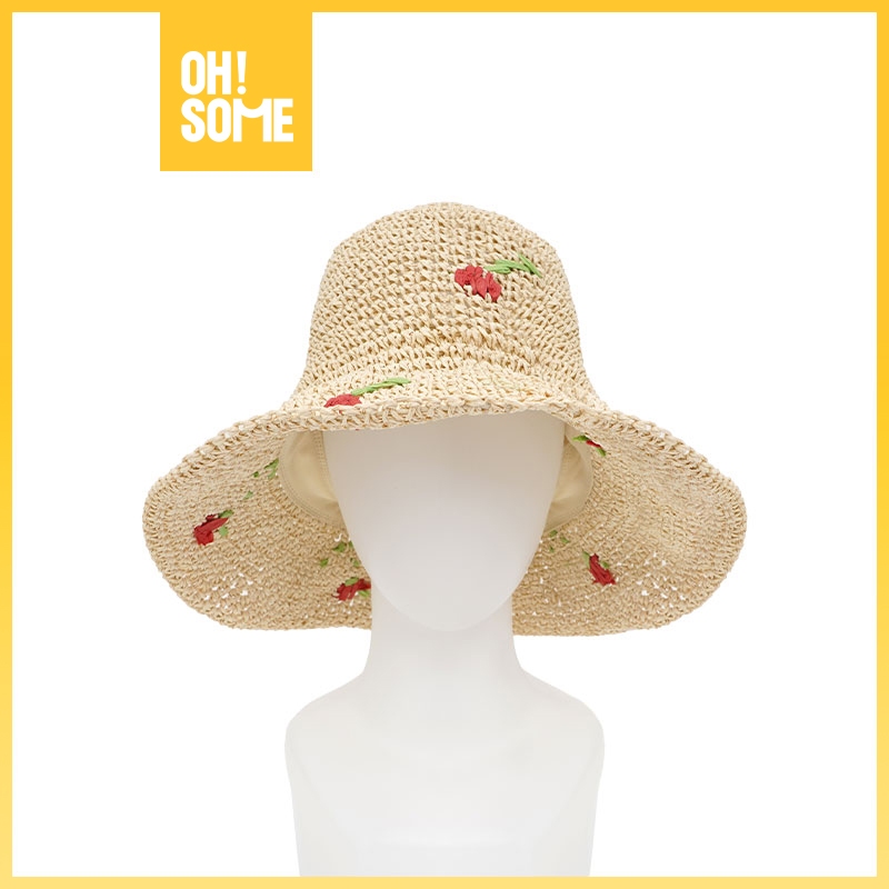 OHSOME Dylee&LyleeBunga tiga dimensi  Straw Hat Topi Pantai Wanita Jerami Super Lebar/blue flower /c