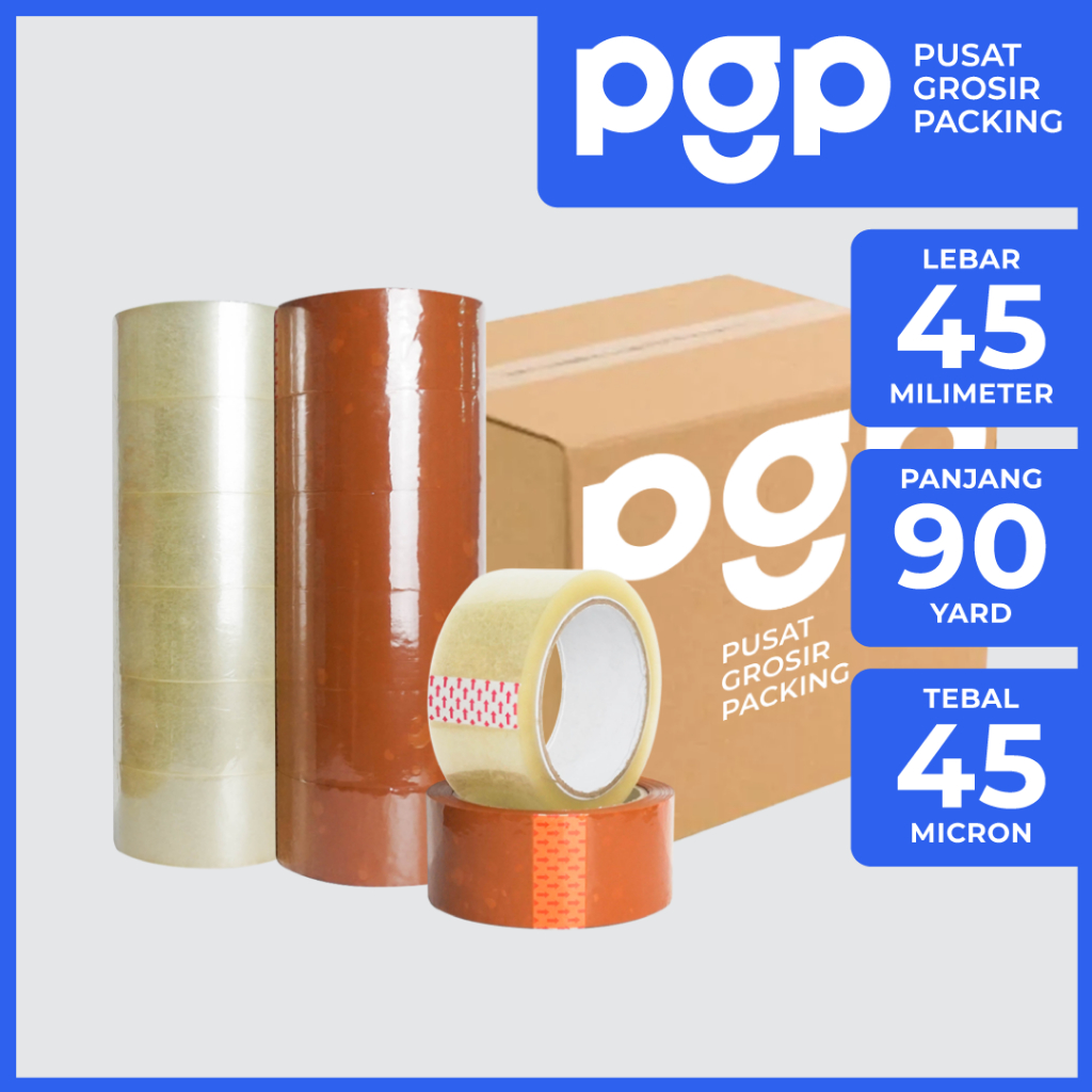 

Lakban Bening / Cokelat 45mm x 90 Yard | 1 Dus Isi 72 Pcs/Roll | OPP Tape 2 Inch 90Y | Lakban Murah Berkualitas