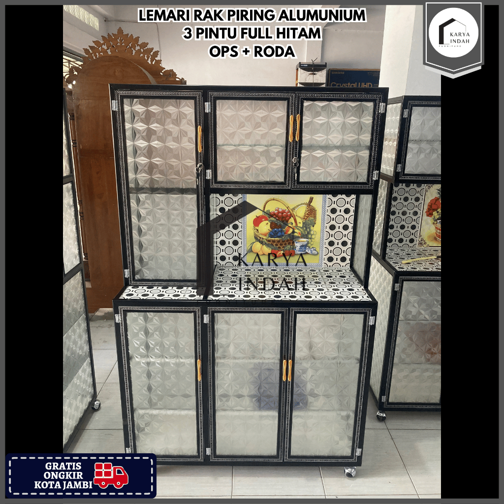 Lemari Rak Piring Dapur ALUMUNIUM 2 / 3 Pintu OPS Kaca Polos Roda Alumunium