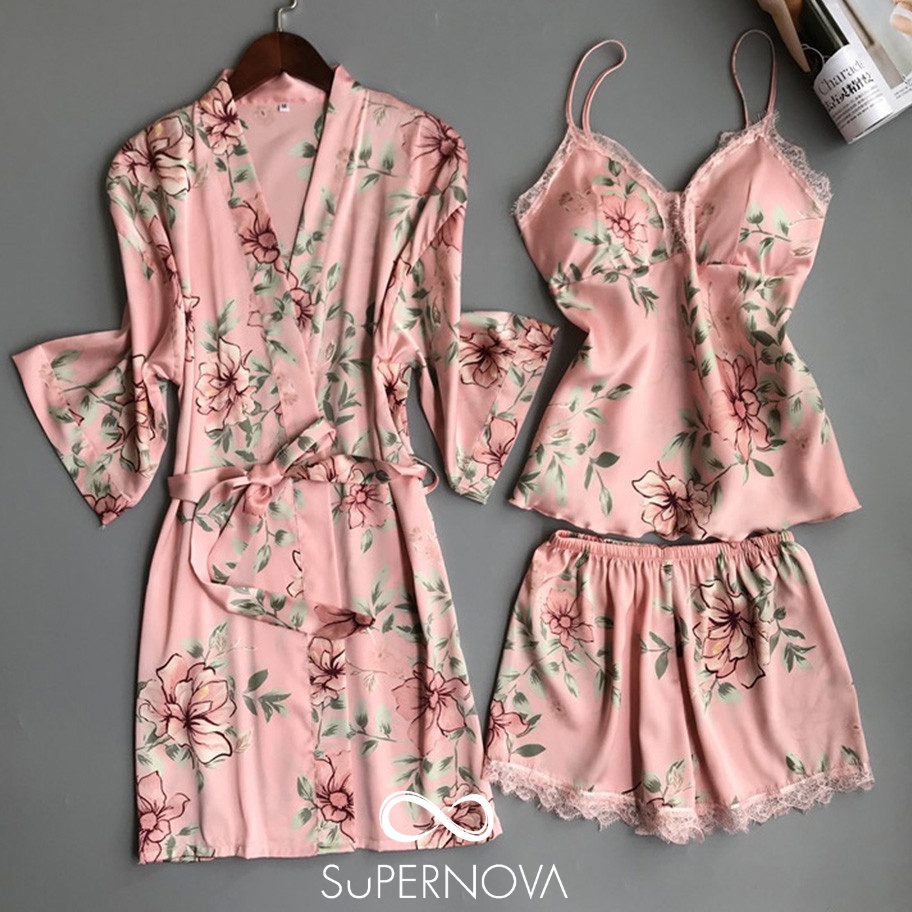 Unggul NOVA HANNI SET 3 BAJU CELANA  KIMONO ROBE Satin Korea Elegan Piyama Baju Tidur Bunga Sexy Ses