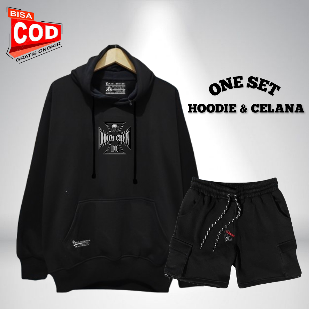 Oneset Hoodie Dan Celana Pendek Cargo Satu Stel Pria Wanita Distro Stelan Sweater Celana Keren Bahan