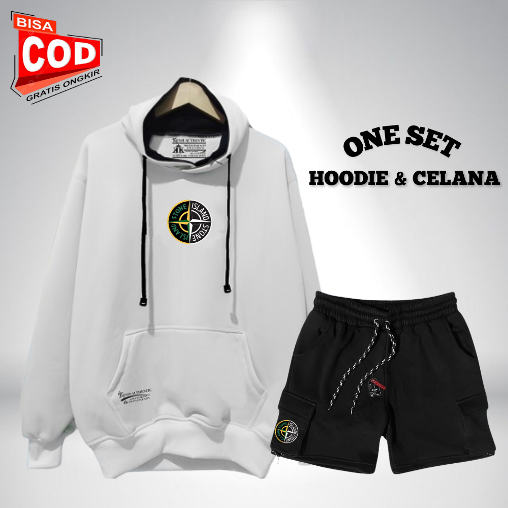 Satu Set Hoodie Sweater Dan Celana Pendek Cargo Pria Stelan Oneset Hoodie Celana Pendek Pria Wanita 