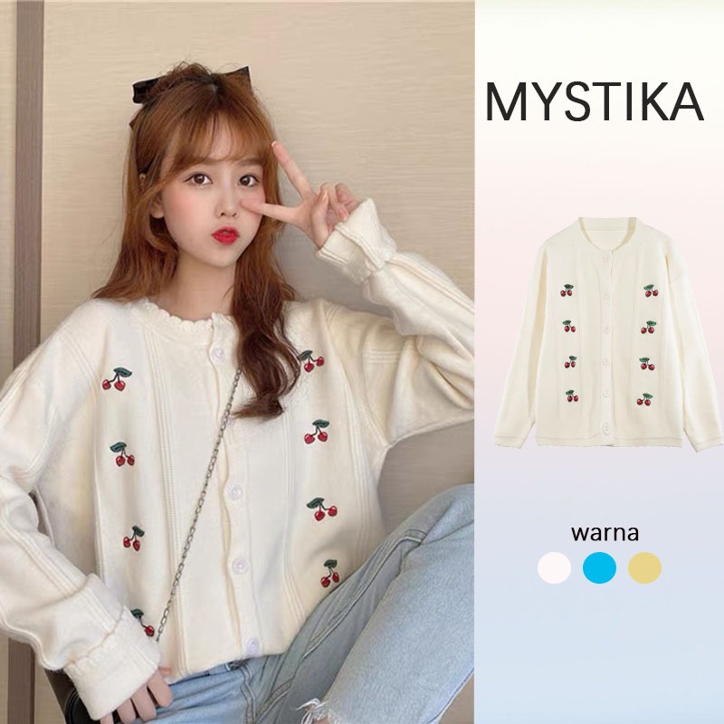 MYSTIKA Cherry Knit Cardigan Luaran Korea Rajut Import Busana Kasual Cherry Knit Cardigan