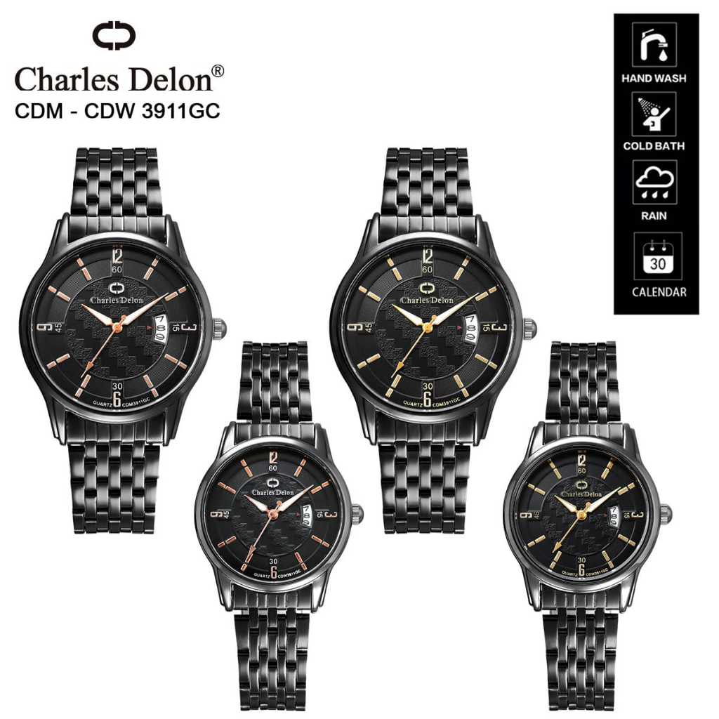 Official CHARLES DELON Watch Free Box Original Jam Tangan Rantai Couple Pria Wanita Analog Kalender 