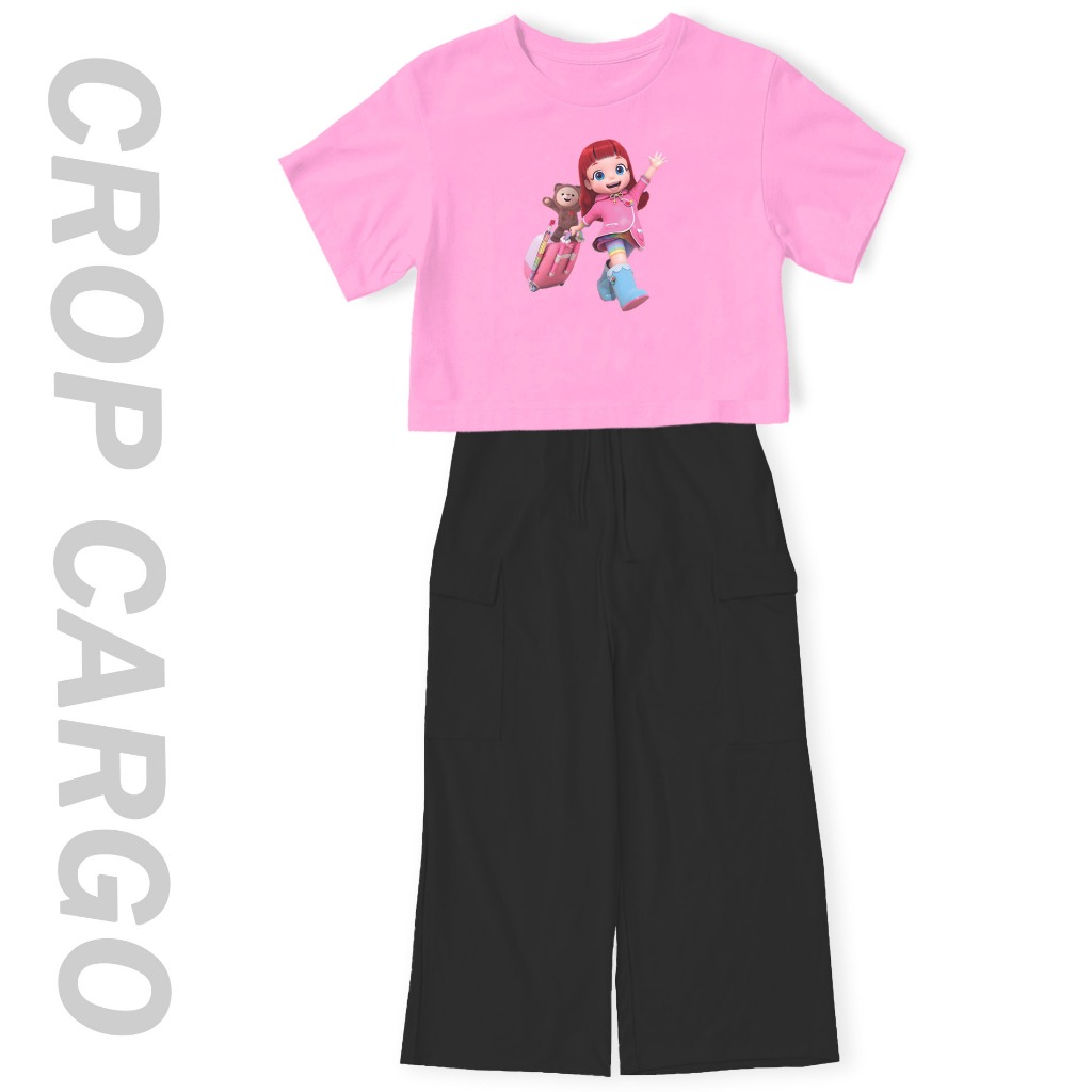 Setelan Crop Oversize Rainbow Ruby Koper Viral Celana Kargo Anak Perempuan Remaja 7-10Tahun