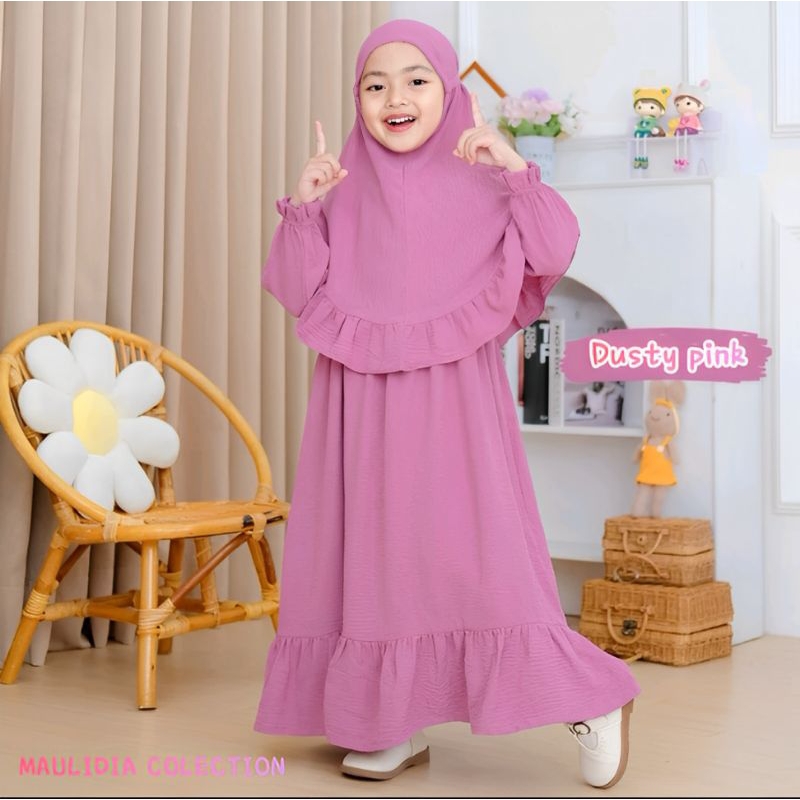 Gamis anak 2-10 tahun Gratis hijab, gamis anak terbaru 2025 bahan cringkle, gamis putih polos model 