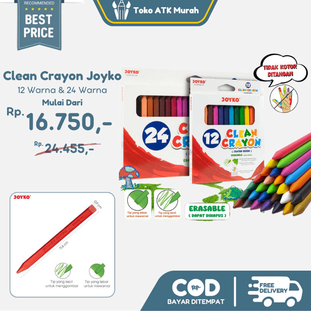 

Clean Crayon Joyko 12 Warna CLCR-AB-12 / 24 Warna CLCR-AC-24 Krayon Bersih