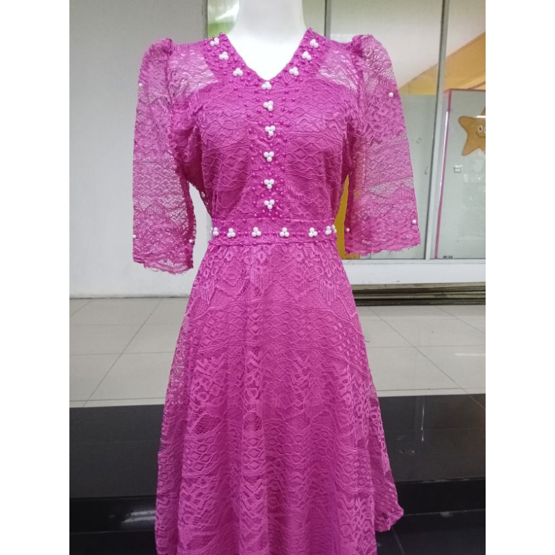 MIDI DRESS LEHER V BAHAN FULL BROKAT TEBAL TANPA GLITTER LEHER V LENGAN 7/8 WARNA PEACH UNGU PINK FA