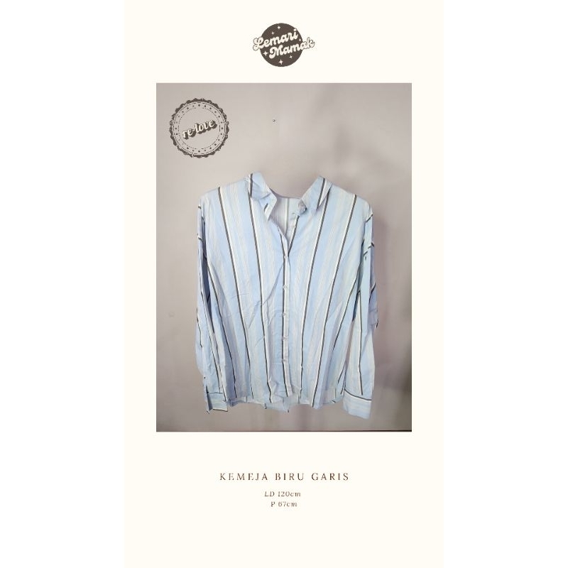 [Preloved] Kemeja Wanita Biru Garis Garis Made in Korea