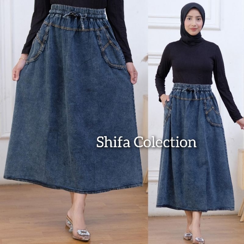 Rok Panjang Wanita Model A / Rok Original Jeans Wash Premium / Rok Jeans Panjang BB ± 40-85 kg