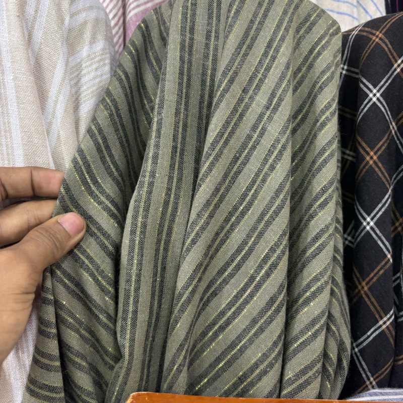 kain katun linen benag emas - kain katun motif salur - kain katun linen motif premium - kain linen m
