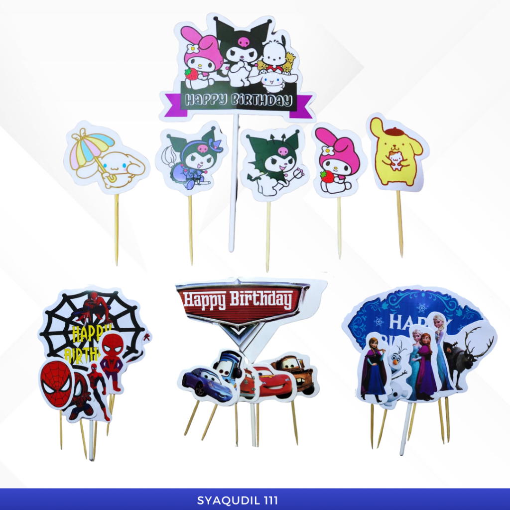 (1 Set Isi 6) Cake Topper HBD Karakter Kartun Murah / Topper Kue Ulang Tahun / Hiasan Bolu Ultah Ana