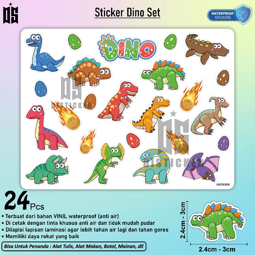 

DISTICKER Sticker Dino 24 pcs Stiker Vinyl Waterproof Anti Air Dinosaur 24pcs Stiker Dinosaurus