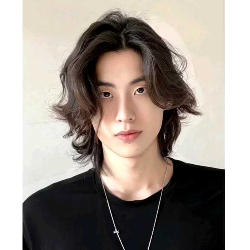 Wig gondrong wig curly pria tanpa poni