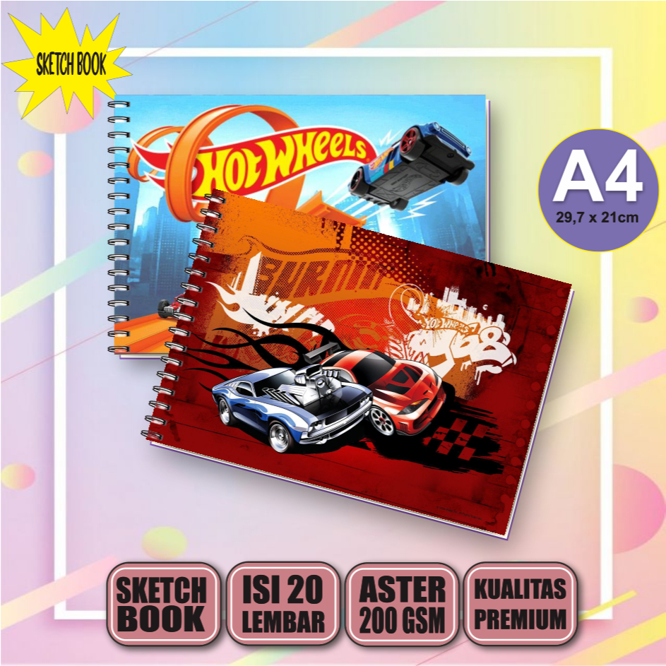 Sketchbook Hotwheels A4, Buku Gambar Vertikal Jilid Spiral 20 Lembar/40 Halaman Tebal 200 Gsm