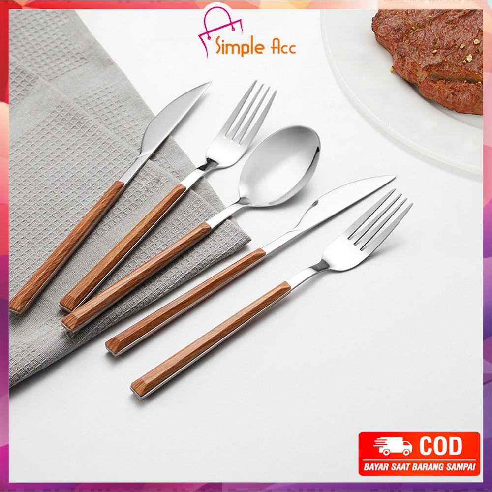 DO-C1166 Sendok Garpu Stainless Steel Korea Handle Kayu / Alat Makan Sendok Garpu Gagang Kayu Wood G