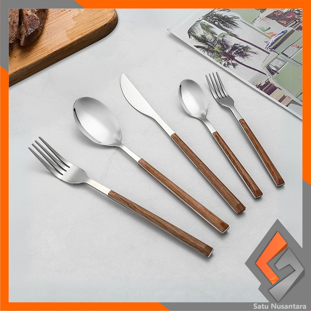 SN-C1166 Sendok Garpu Stainless Steel Korea Handle Kayu / Alat Makan Sendok Garpu Gagang Kayu Wood G