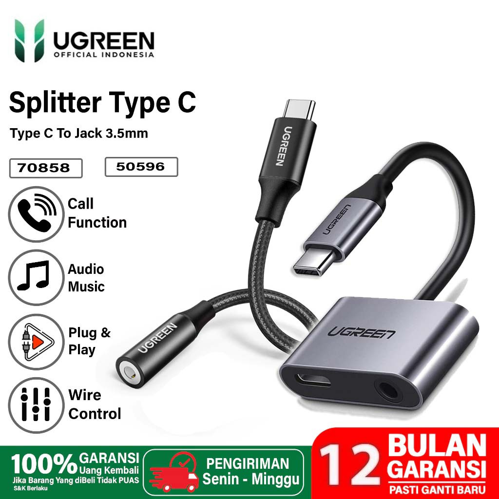 UGREEN Converter Splitter Type C To Jack 3.5mm Audio Music, Call, & Charging for Xiaomi, Oppo, Vivo,