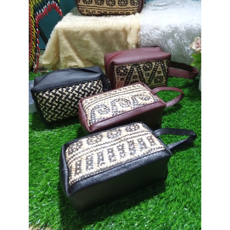Pouch bag_Tas tangan kulit kombinasi rotan_Pouch bag  kerajinan