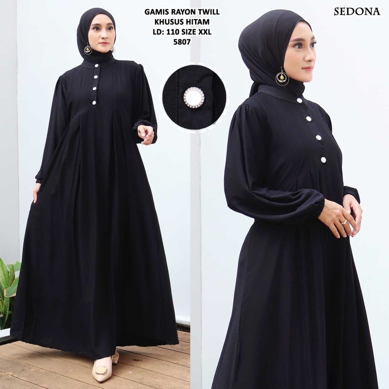 Gamis Rayon Twill PREMIUM Hitam||Gamis Sedona Polos||Gamis Hitam||Gamis Kancing Mutiara||Gamis Viral