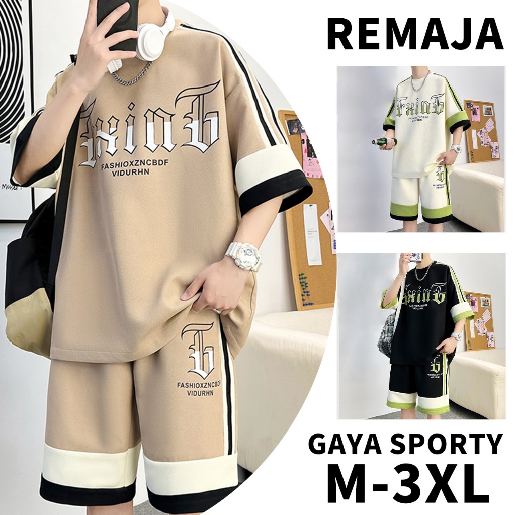 Setelan pria satu set ins fashion one set motif tshirt+celana waffle fashion pria kasual