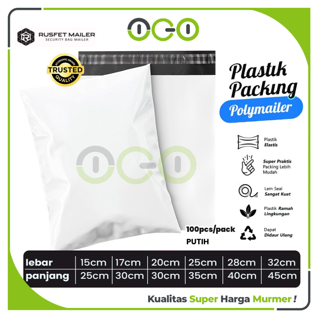

Polymailer Amplop Warna Putih Varian Ukuran Polos Solid Plastik Packing Online shop Harga Per-Pack