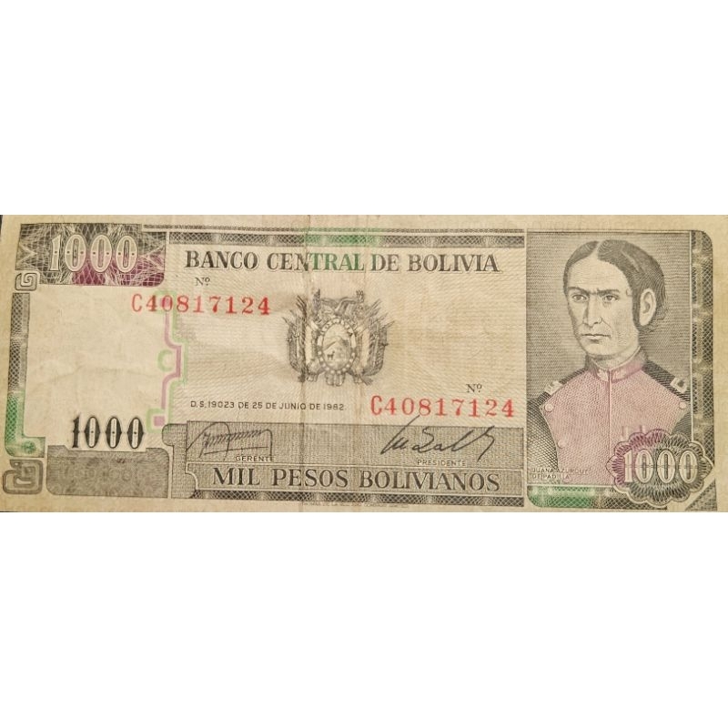 Uang kuno negara Bolivia 1000 Mill peso Bolivanos tahun 1982 Original 100% Kertas Utuh