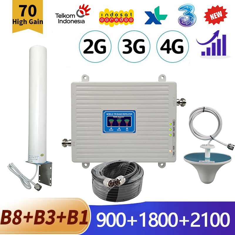 Fullset PENGUAT SINYAL JARINGAN LTE TRIBAND SIGNAL BOOSTER 900 1800 2100 SINYA HP 4 G 5G KABEL ANTEN