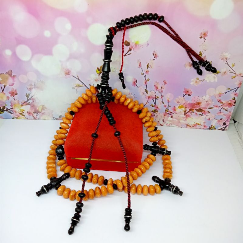 tasbih tijani batu Marjan Oren kombinasi yuser black full benang rajut S56