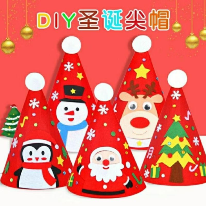 Mainan diy topi natal bahan flanel mainan edukatif anak diy christmas hat diy topi bahan flanel tema