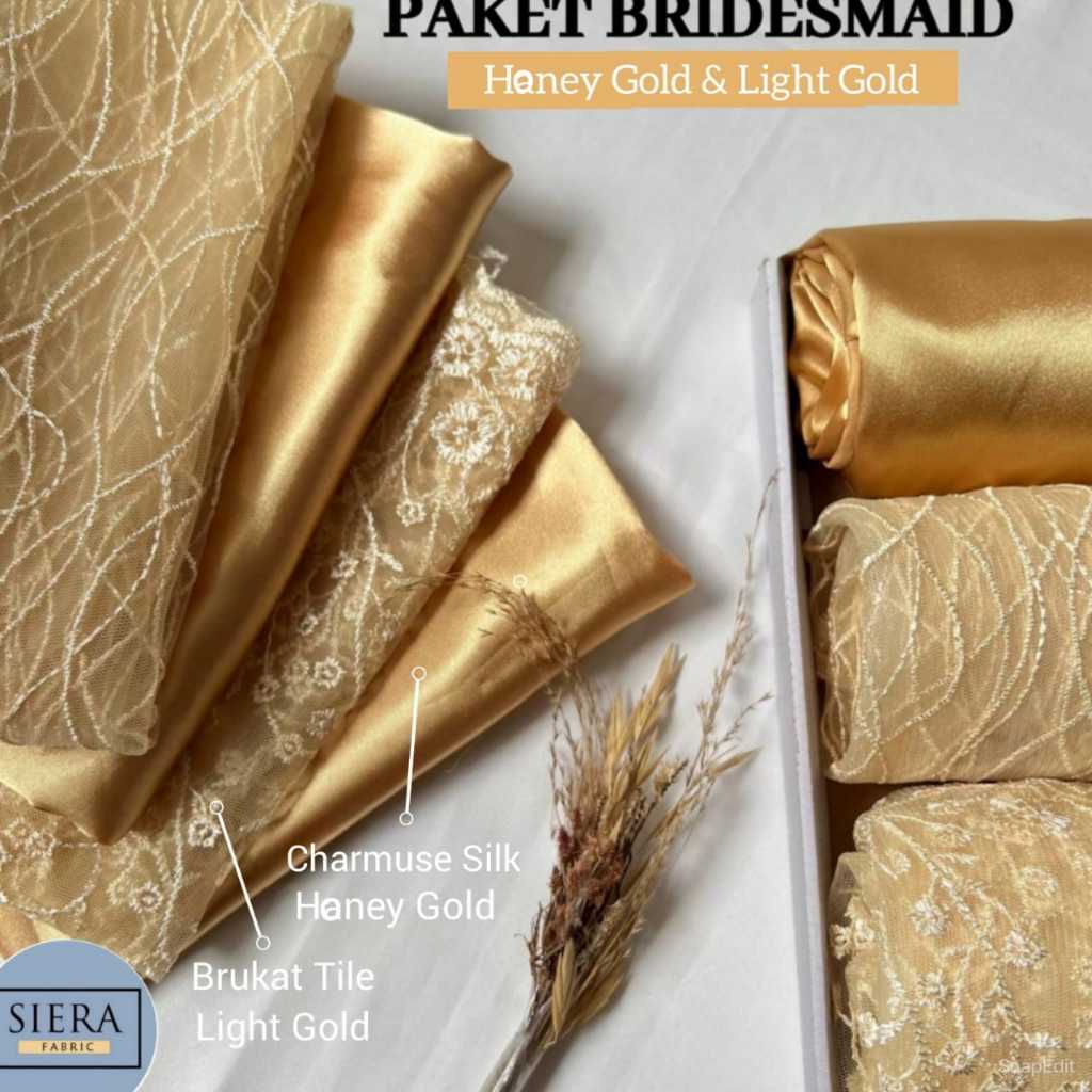 Paket Lengkap Kain Bridesmaid Premium / Kain Satin Charmuse Honey Gold + Kain Brukat Tile - Light Go