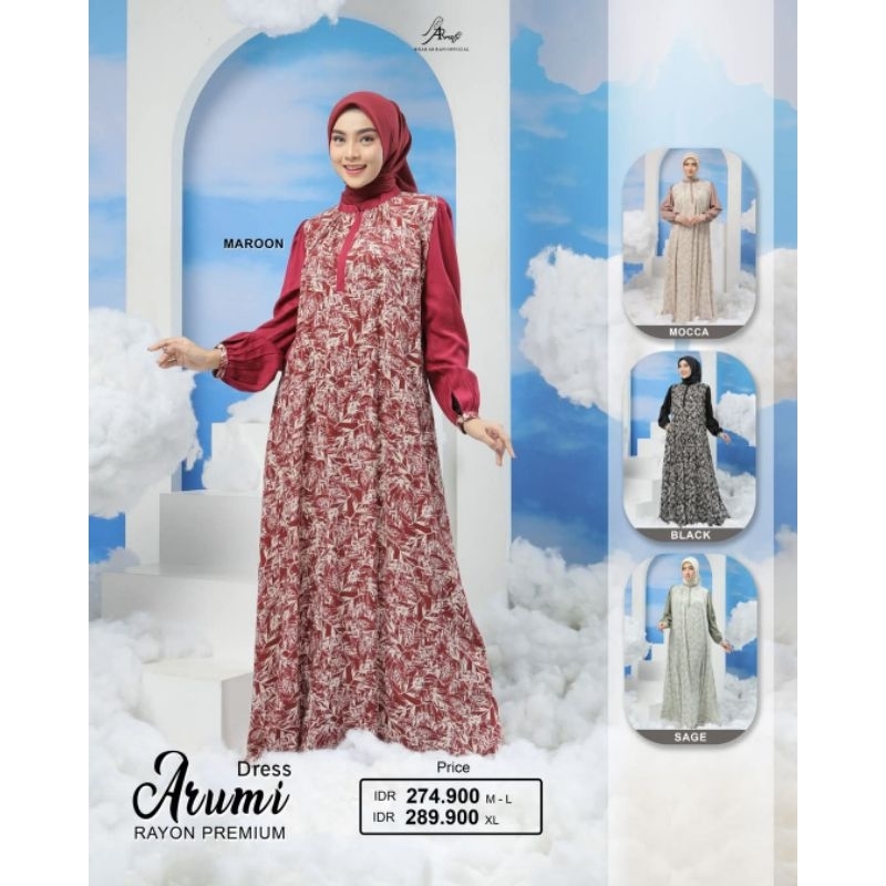 Arumi Dress by Arrafi ORI Terbaru Gamis Rayon Motif Daun