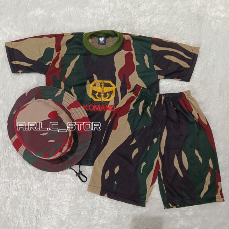 setelan kaos anak loreng kopassus tangan pendek plus topi rimba bordir logo komando