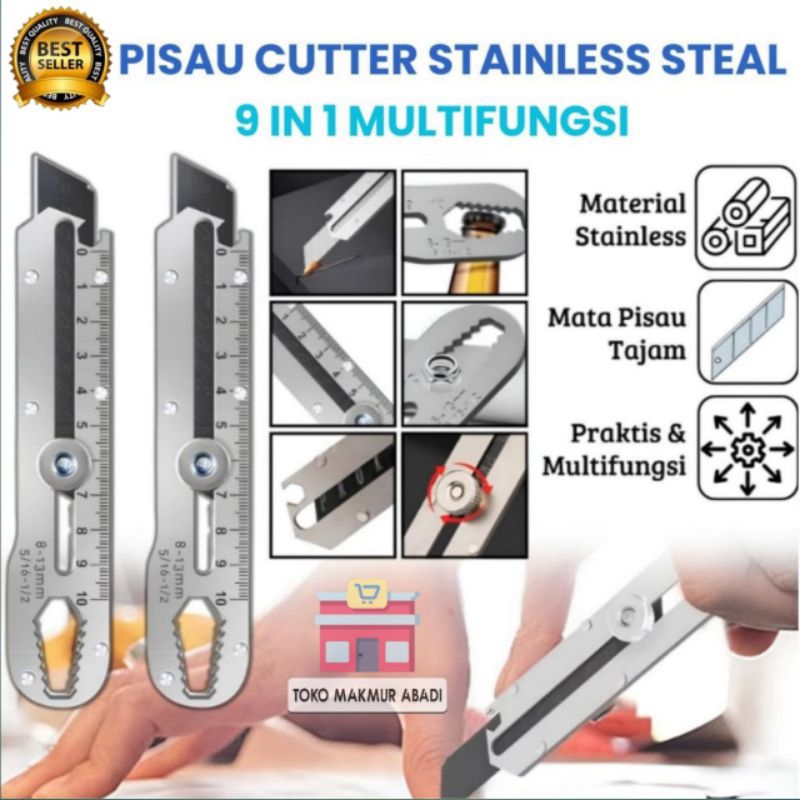 

Pisau Cutter Stainless Besi 9in1 Cutter Stainless Serbaguna Pemotong Kertas Pembuka Botol Kunci Anti Karat