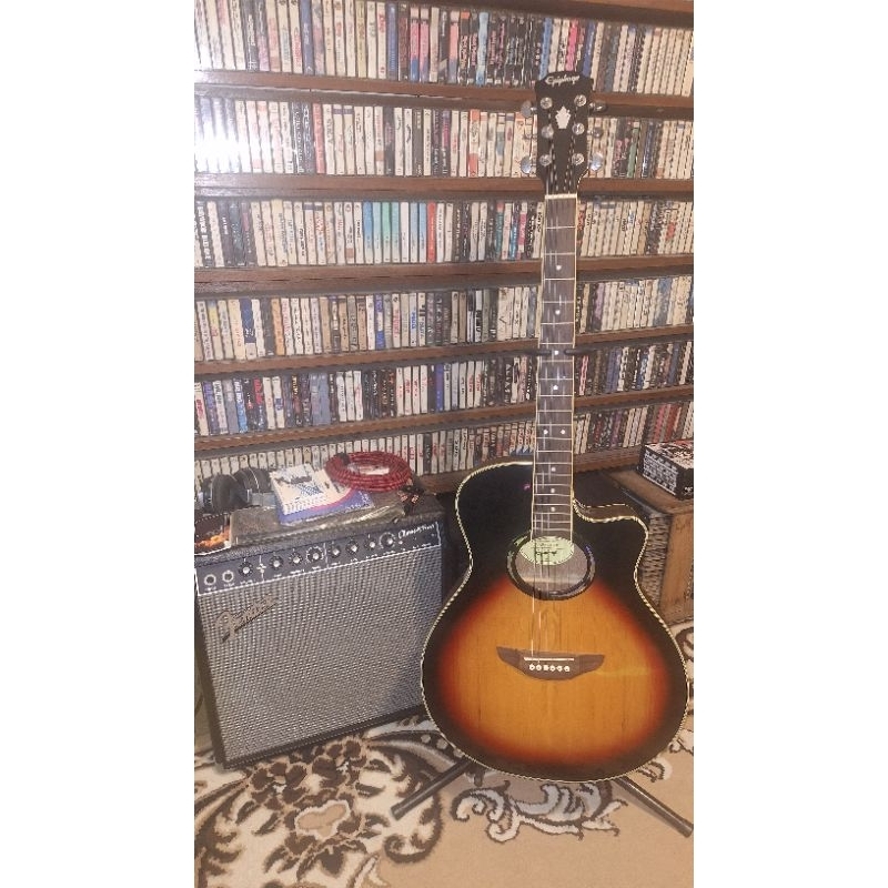 Acoustic Electric Guitar Epiphone 6th str sunburst colour with G-tone preamp equalizer and digital t