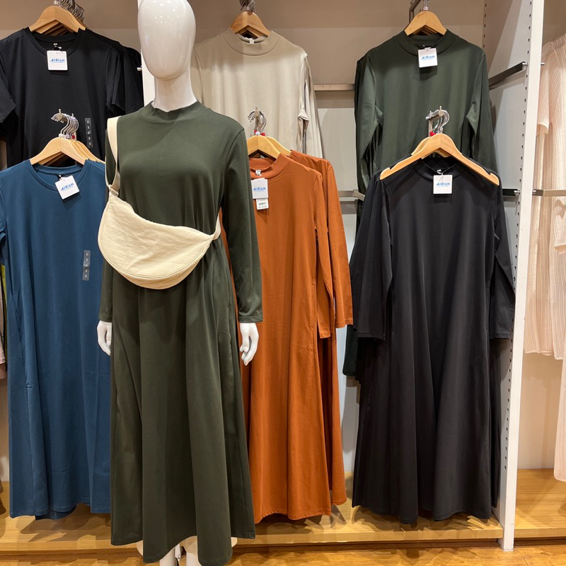 gaun dress airism katun flare lengan panjang uniqlo