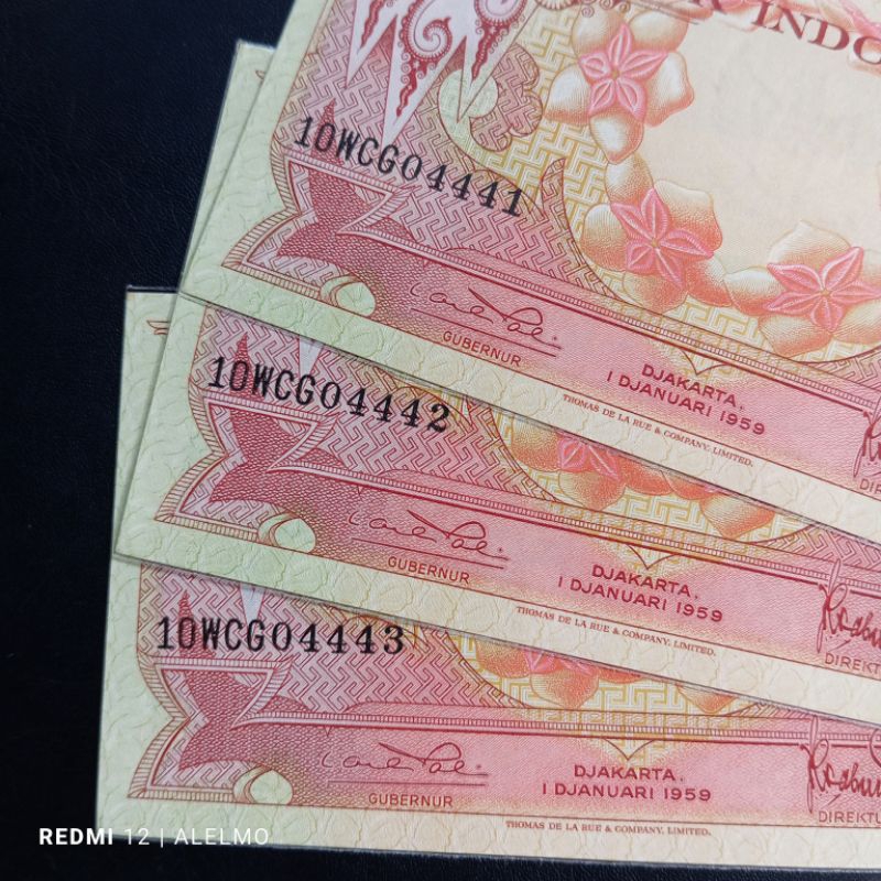 3 lembar no seri urut uang kertas kuno 10 seri bunga tahun 1959