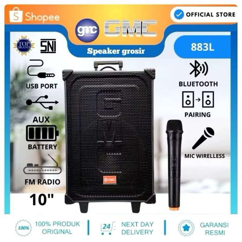 Speaker Portable GMC 883L Speaker Bluetooth GMC 10inch + 1 Mic Wireless