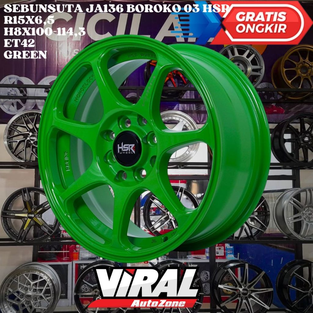 Velg Mobil Ring 15 HSR SEBUNSUTA R15 LEBAR 6,5 LOBANG BAUT 4 ET42 GREEN