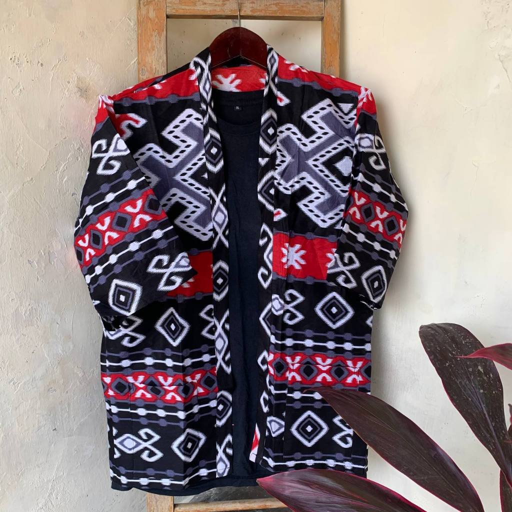Wolv Kimono Outer Unisex Loose Casual Lengan Pendek Outer Cardigan Pria Etnik Outerwear Tenun