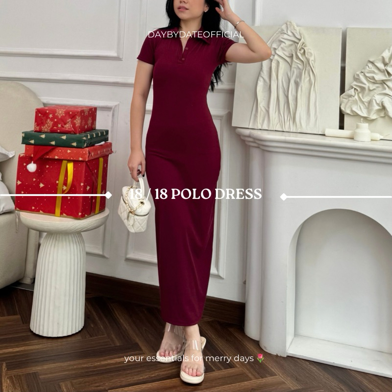 Polo Dress Wanita Knit Bodycon Dress Korean Style Kancing Depan