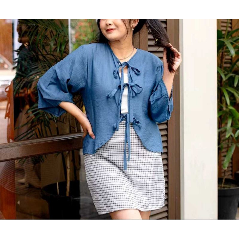 OUTER TALI CROP CARDIGAN KOMBINASI LENGAN BALON PITA IKAT KOREAN STYLE