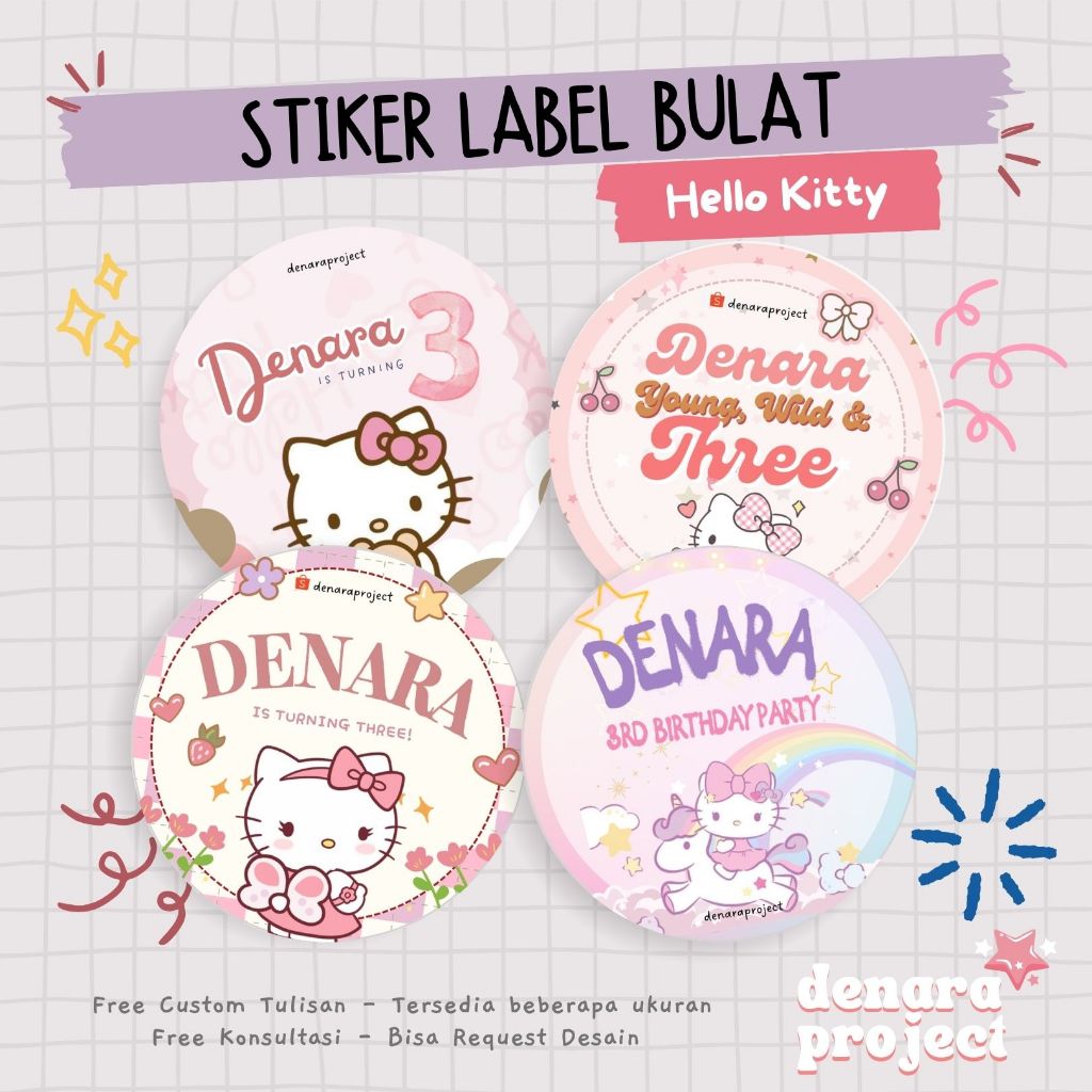 

(50 PCS) Stiker Bulat Custom Bento Hampers Ulang tahun Hello Kitty Sanrio