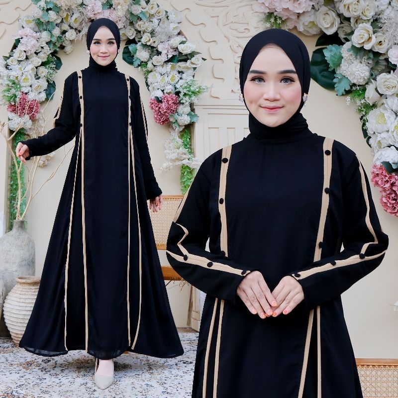 Abaya Muza IRISH Abaya Couple Ibu & Anak Kombinasi Chiffon List Coksu Abaya Hitam Gamis Syari Muslim