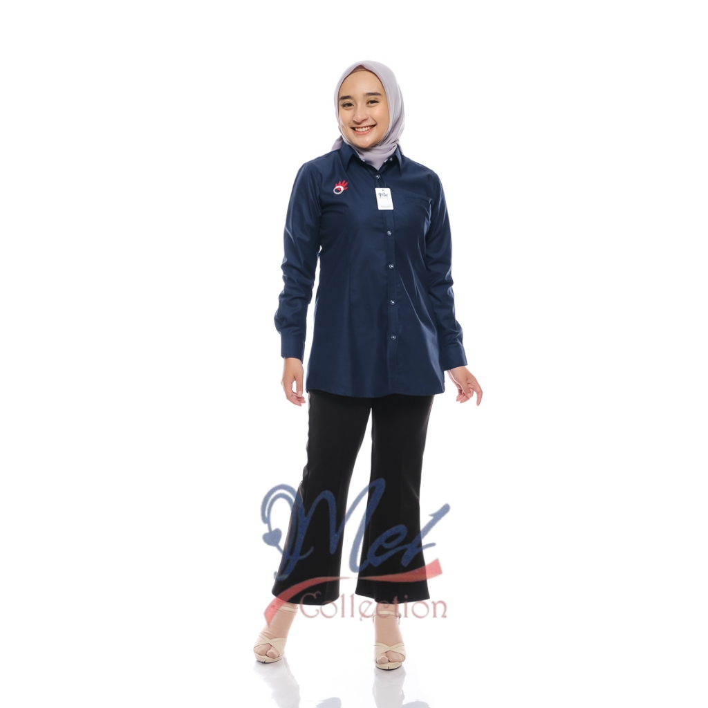 Original Premium Kemeja Wanita Telkom Indonesia Navy Lengan Panjang / Bahan Semi Wool / Seragam Telk