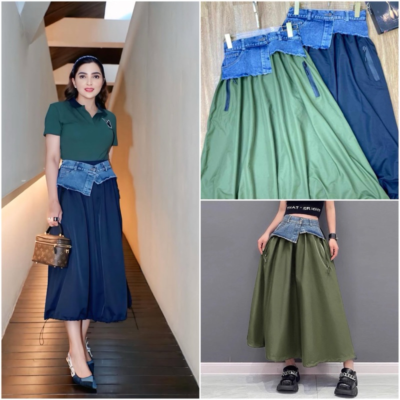 TATAOS BANGKOK ASHANTY SERUT ROK PANJANG LONG SKIRT DUAL WARNA TAG LABEL COTTON MIX SOFT JEANS IMPOR