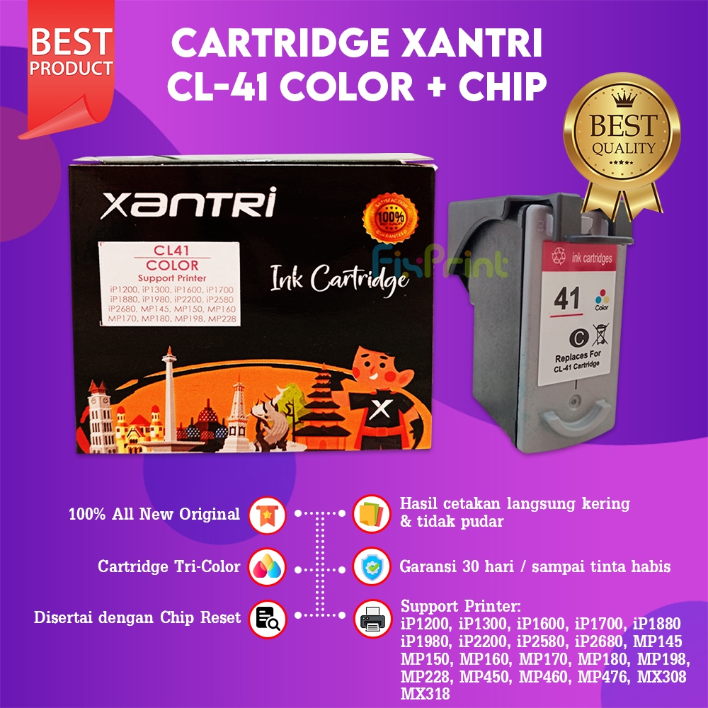 FixPrint Cartridge Xantri CL41 CL 41 CL-41 Color IP1980 IP1880 MP198 MP145 Tinta Plus Chip